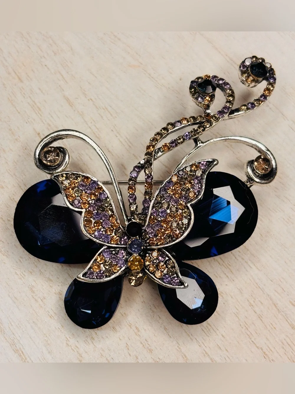 Silver Tone Blue Crystal Butterfly Brooch Pin – Multicolor Rhinestone Statement